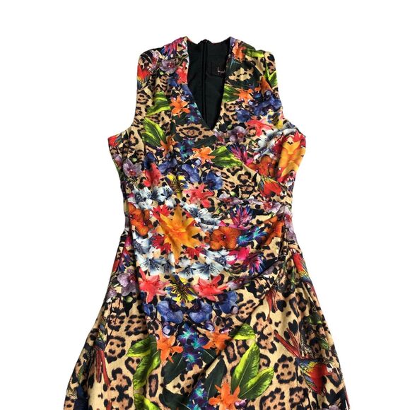 Nicole Miller Collection Dress Womens P Tropical Floral Animal Print Faux Wrap - Picture 2 of 16